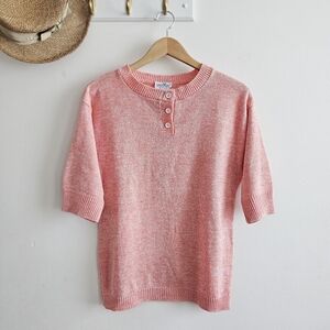 Vintage 80s SweeTree Pink Henley Knit Sweater Top 3 Button Short Sleeve USA S